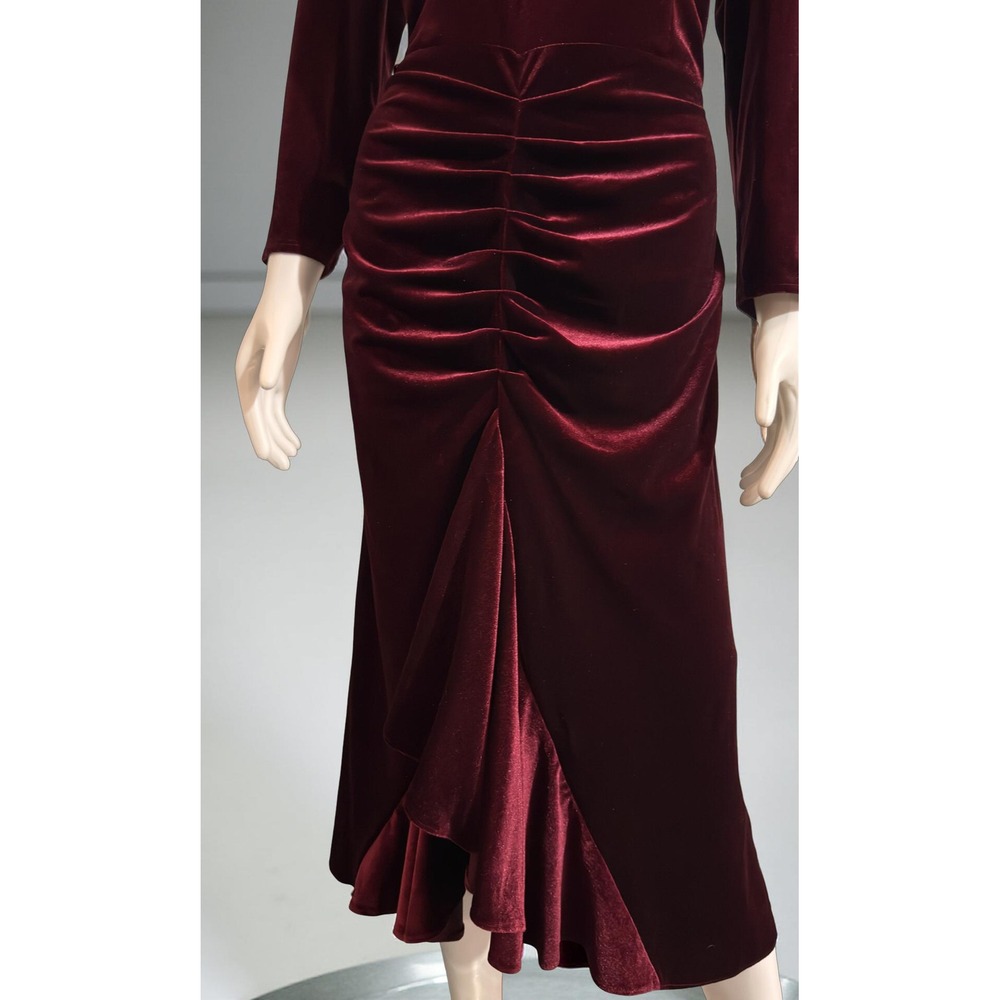 Eliza J Velvet Velour Burgundy Ruched Dress with Keyhole Back - Picture 5 of 7